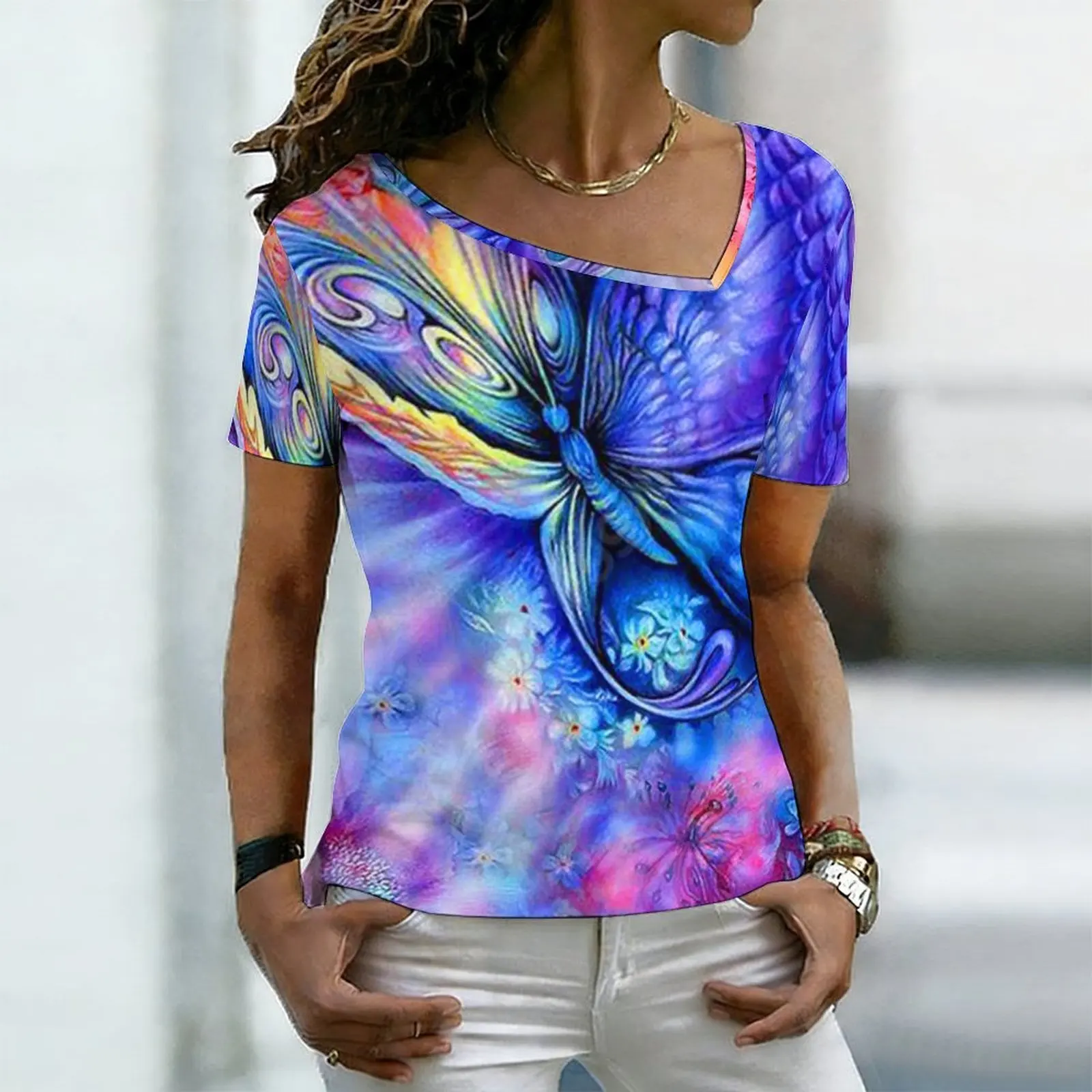 Women Sparkly Butterfly Print Square Asymmetric Neck Short Sleeve Casual Summer Tops