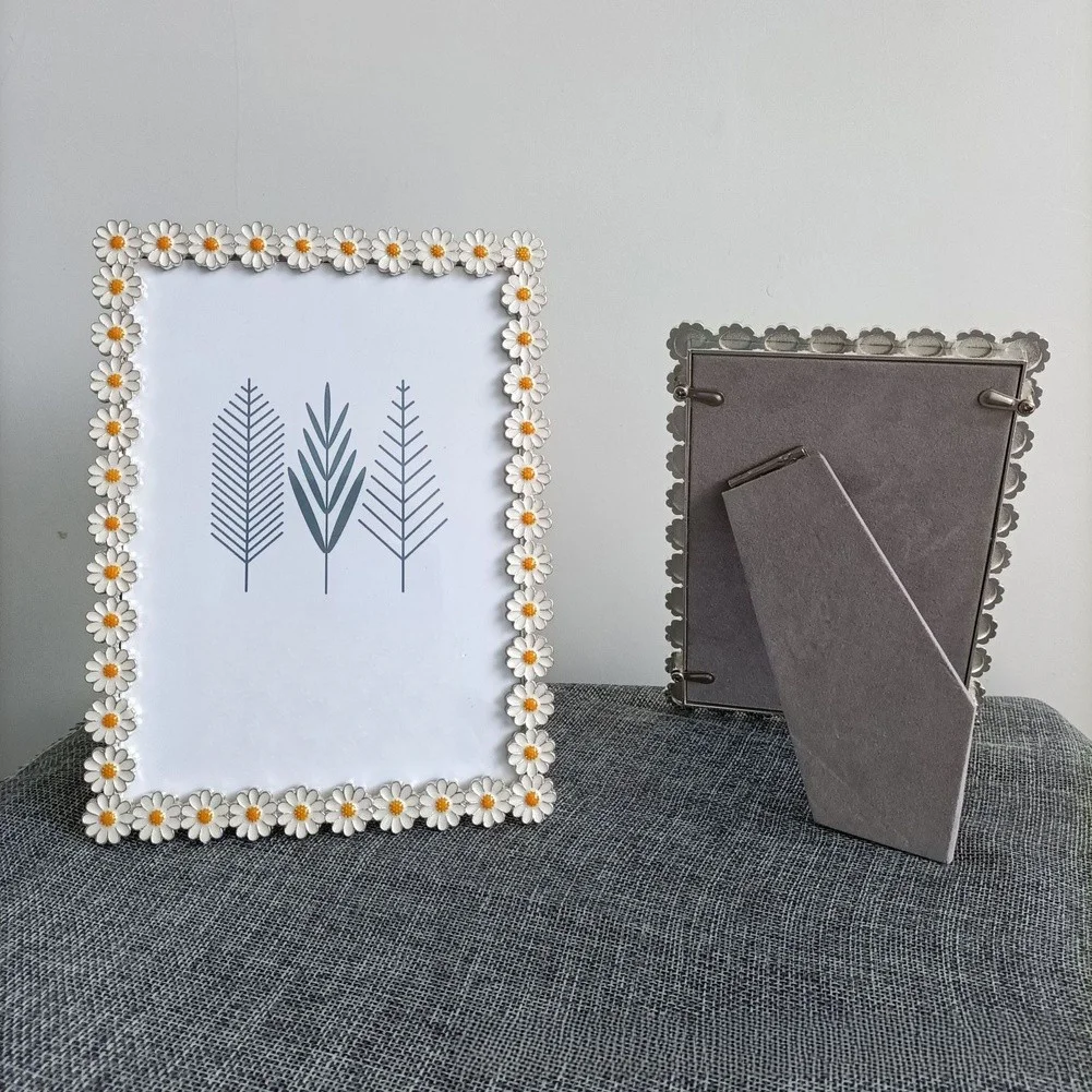 Charming Flower Border Photo Frame Made from Sturdy Metal White Color 4 inch Round 6 inch Rectangular 7 inch Rectangular