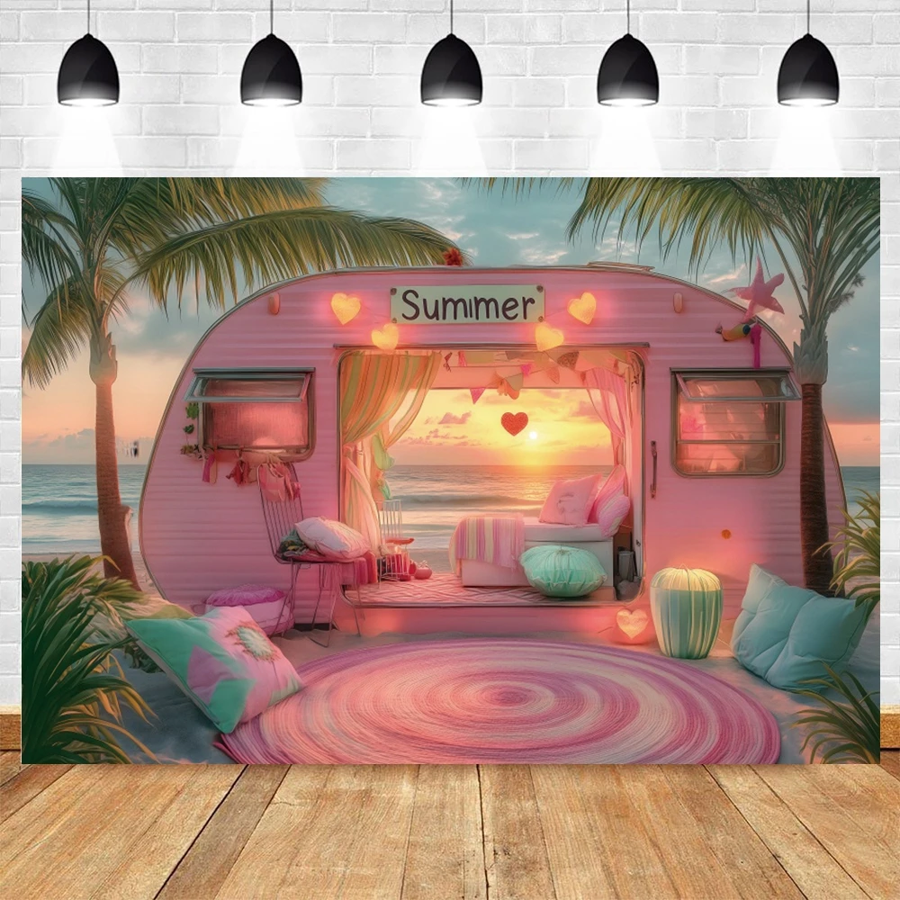 夏の写真の背景,海辺,ビーチ,日没,ピンク,バン,ヤシの木,休暇,写真スタジオ,撮影アクセサリー