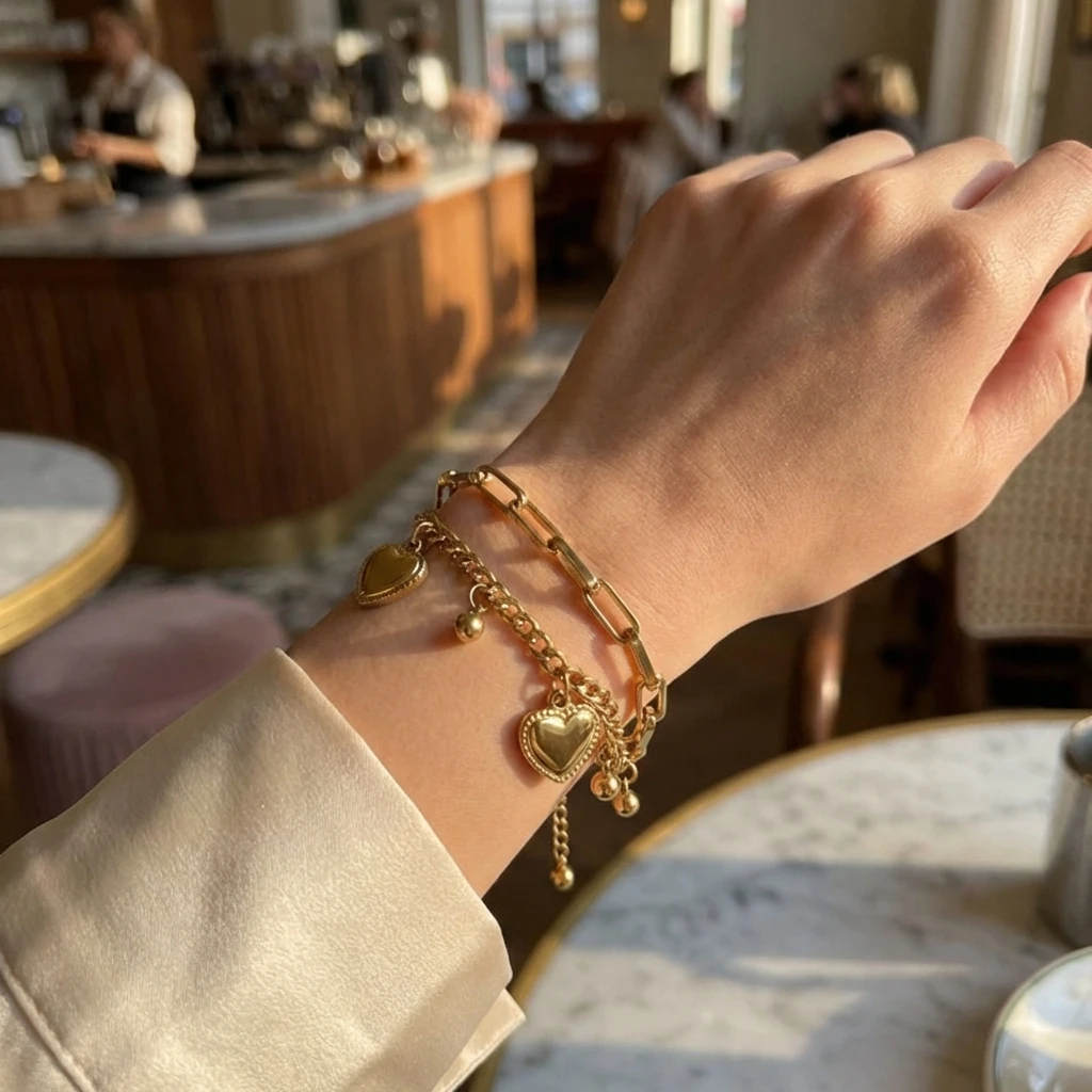 

Romantic Trendy Double Layer Heart Bracelet For Women Luxury Gold Color Charm Beads Chain Bangle Perfect Valentine Jewelry Gift