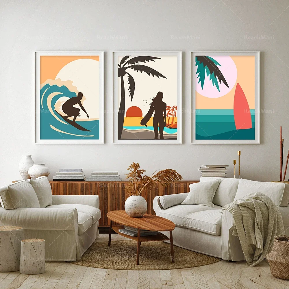 Surf print, surfer decorative summer art print, hawaii surfboard, ocean wall art surfing, big waves, vintage surfer beach poster