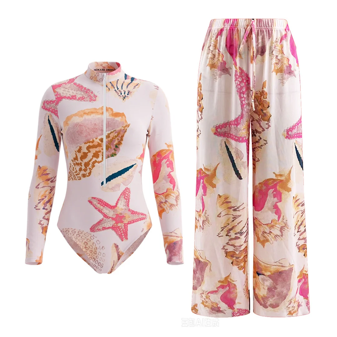 S - XXL Neuer bedruckter Badeanzug mit langen Ärmeln und Reißverschlusshose, einteiliger Badeanzug für Damen, gepolsterter Badeanzug, Badebekleidung, Badeanzug V8362 – Detail 9