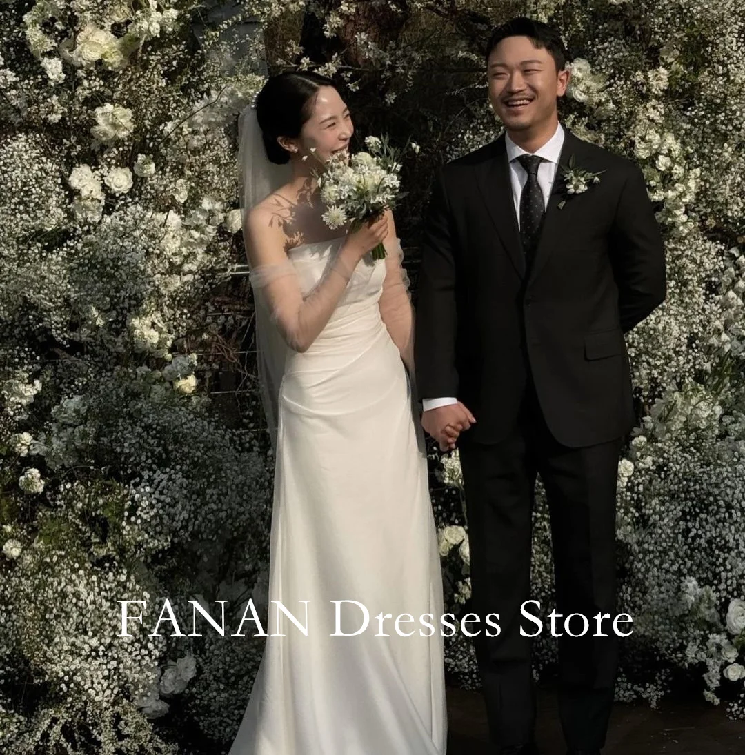 

FANAN Korea Ivory Strapless Elegant Satin Wedding Dresses 웨딩드레스 Sheath Corset Long Sleeves Custom Made Bride Gowns Plus Size