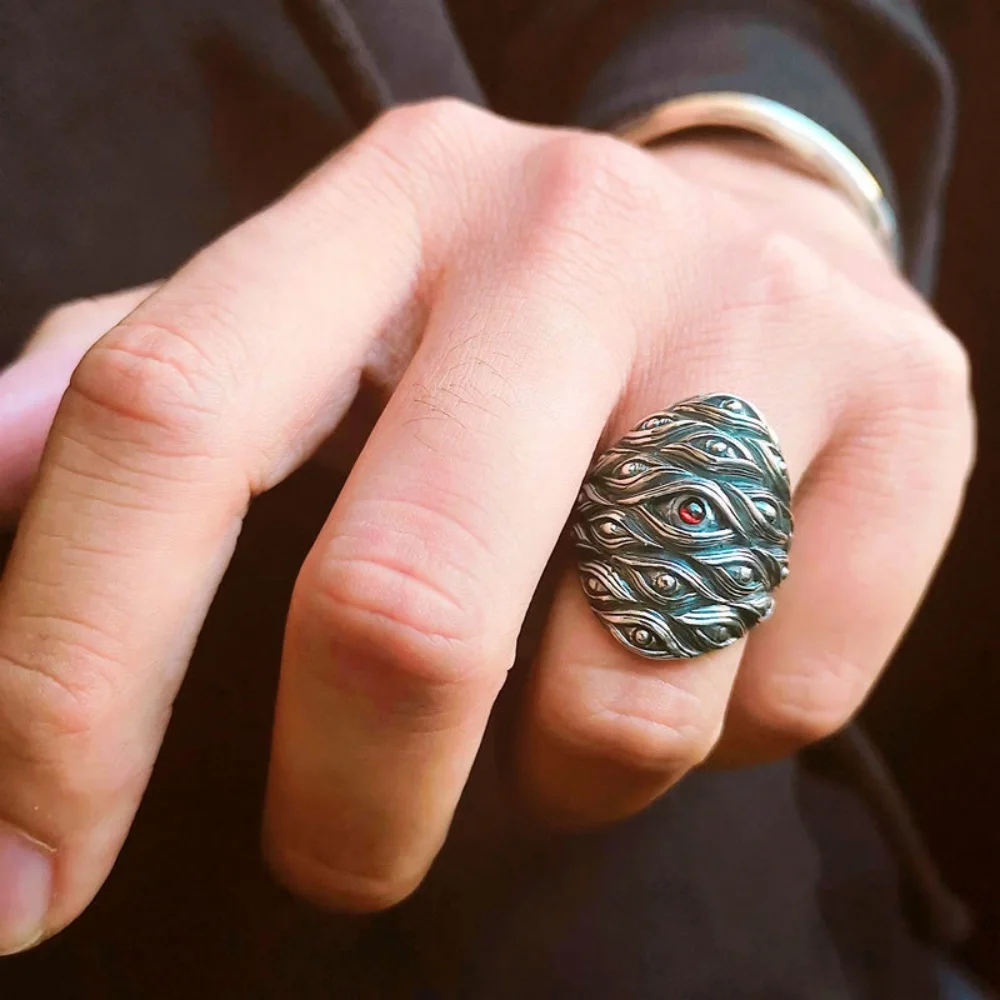 GuZhuo Silver Hundred Eyes Monster Ring Crimson Eye Adjustable Open Ring Gothic Punk Style Trendy Jewelry Wholesale