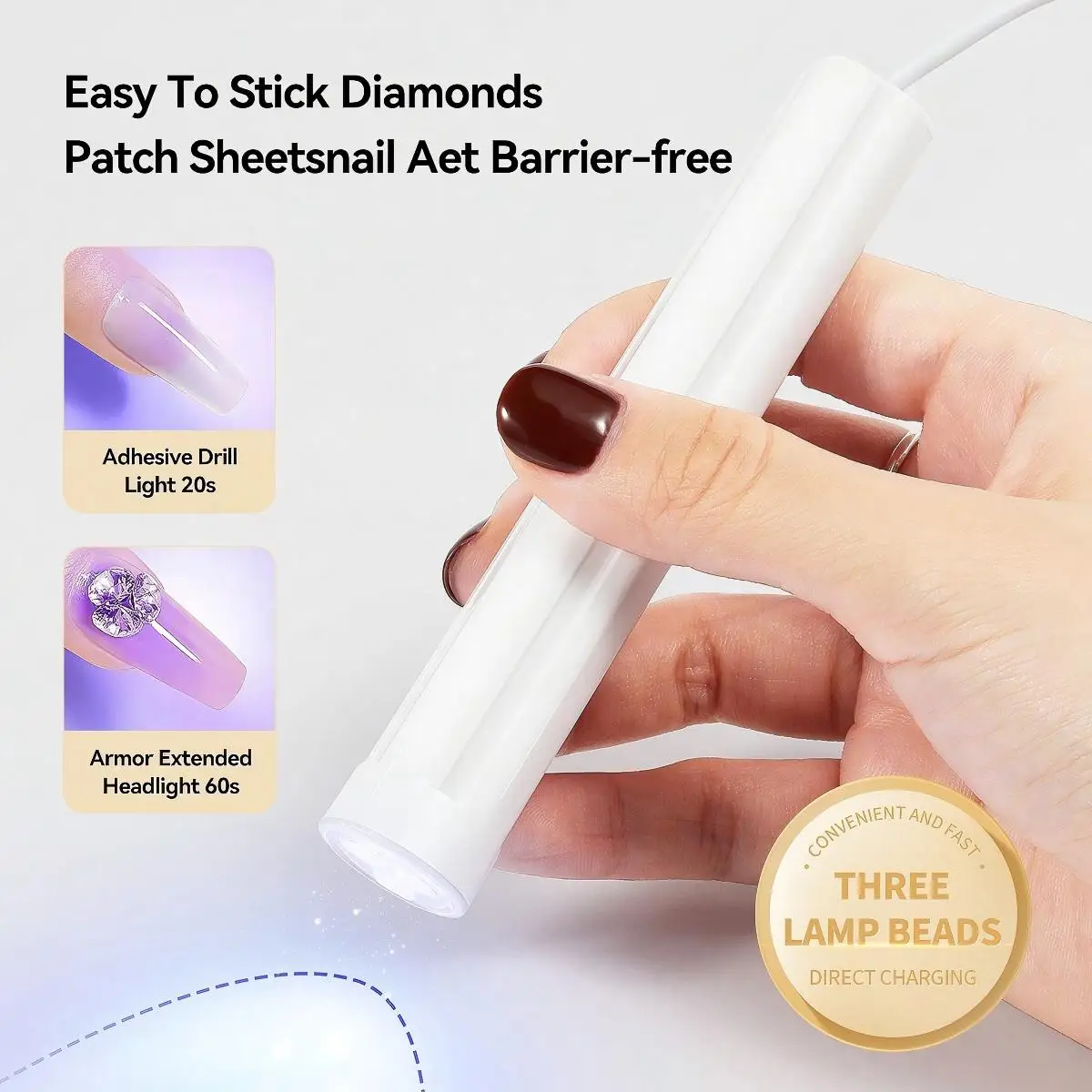 1개 3구 빠른 경화 UV LED 네일 램프, 20초 글루 및 60초 연장용 직접 충전, 쉬운 네일 아트 적용