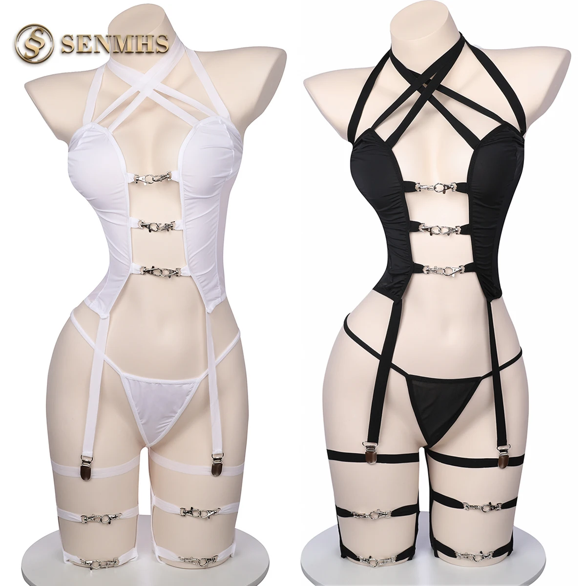 SENMHS Sexy Lingerie Set Radical Queen Leotard Highleg Three-in-One Garter Bustier Underwear T-back Bondage Gloves