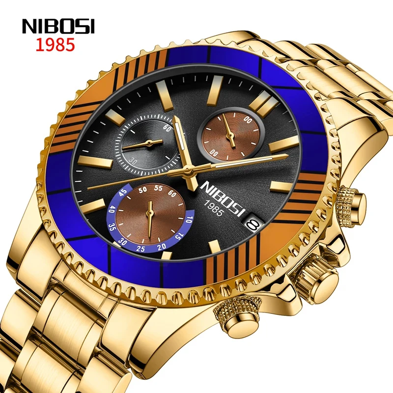 

NIBOSI New Luxury Chronograph Quartz Watch Men Gold Stainless Steel Strap Waterproof Mens Watches Top Brand Luxury Wristwatches