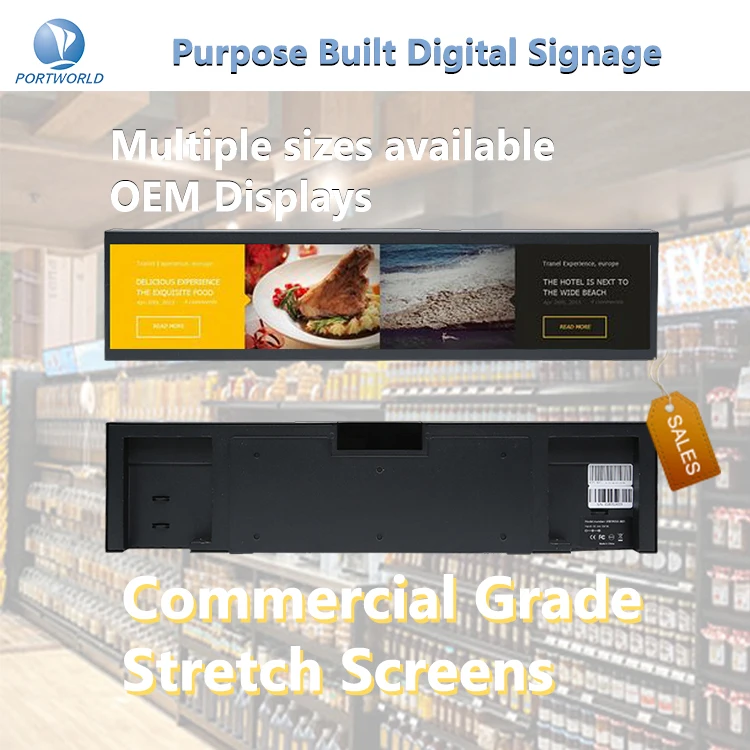 Custom Size 28-29 Inch Indoor LCD Digital Signage Strip Screen Touchscreen Retail Store Shopping Mall Shelf Elevator Education