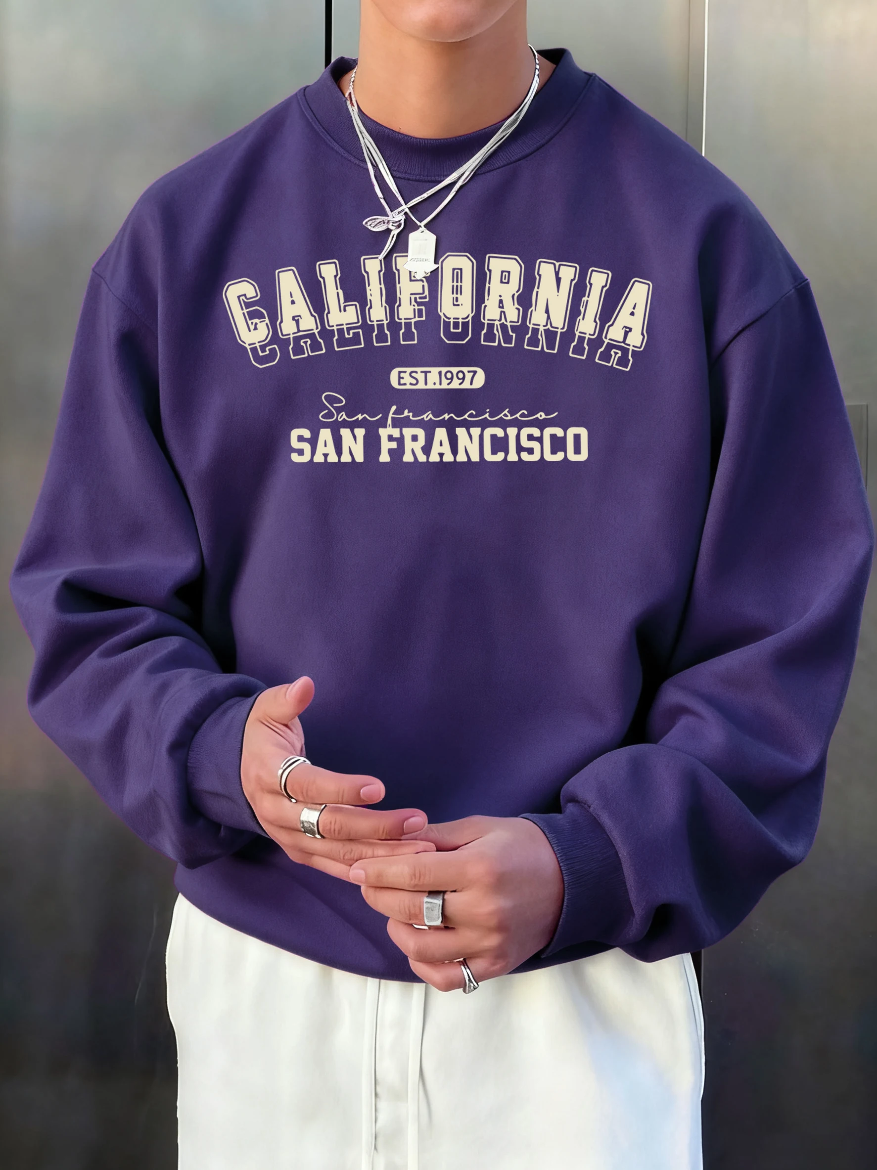 California San Francisco Est 1997 Muster Herren Koreanische Mode Fleece-Sweatshirt Street Casual Pullover Warme, lockere Kleidung