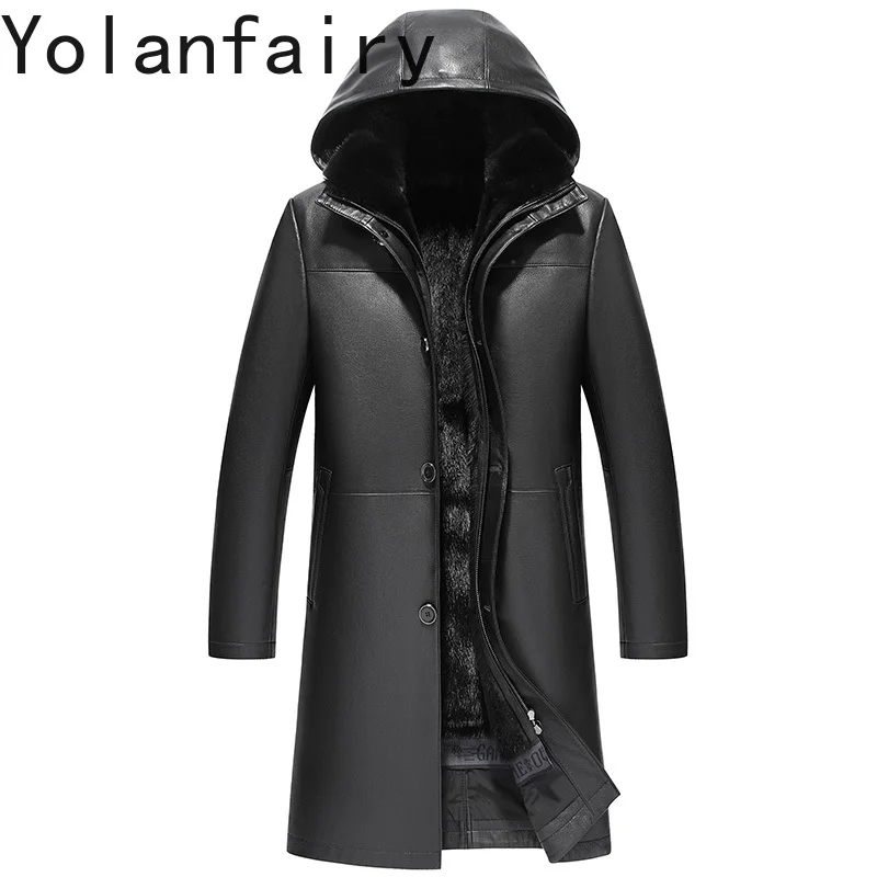 

YOLANFAIRY Real Goatskin Genuine Leather Jacket Men Hooded Winter Luxury Mink Fur Liner Real Fur Coat Man Warm Trench Coats 2025