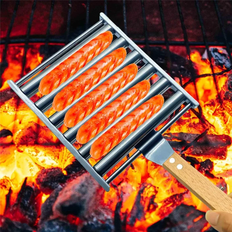 GOOD-2Pcs هوت دوج الأسطوانة للشواية السجق الأسطوانة الرف مع مقبض الخشب شواء هوت دوج شواء للكلاب الساخنة المطبوخة بالتساوي