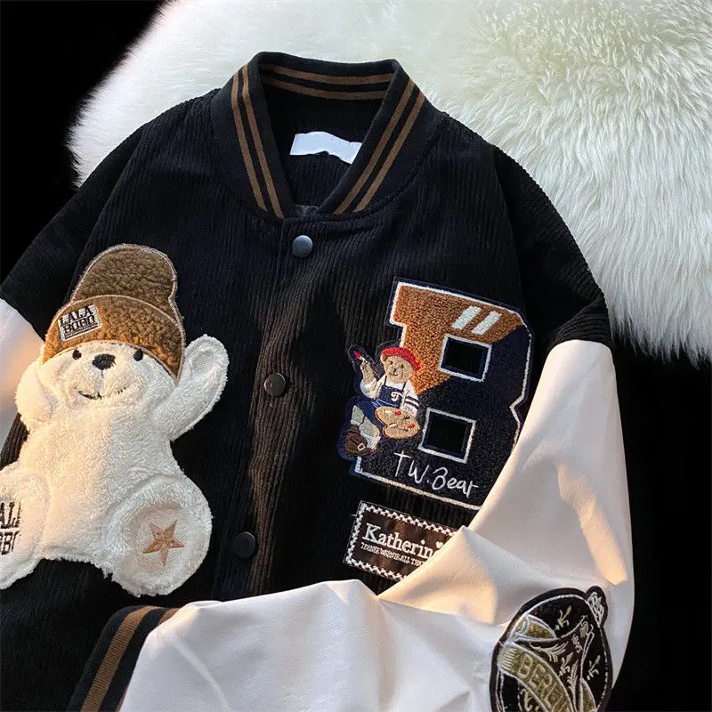 AutumnTrend Corduroy Bear Flocking Embroidery Jacket Women Japanese Vintage Spring and Baseball Uniform Casual Oversized Jacket