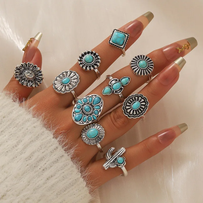 New ethnic style retro turquoise engraved ring set fashion accessories multi-joint ring women's jewelry