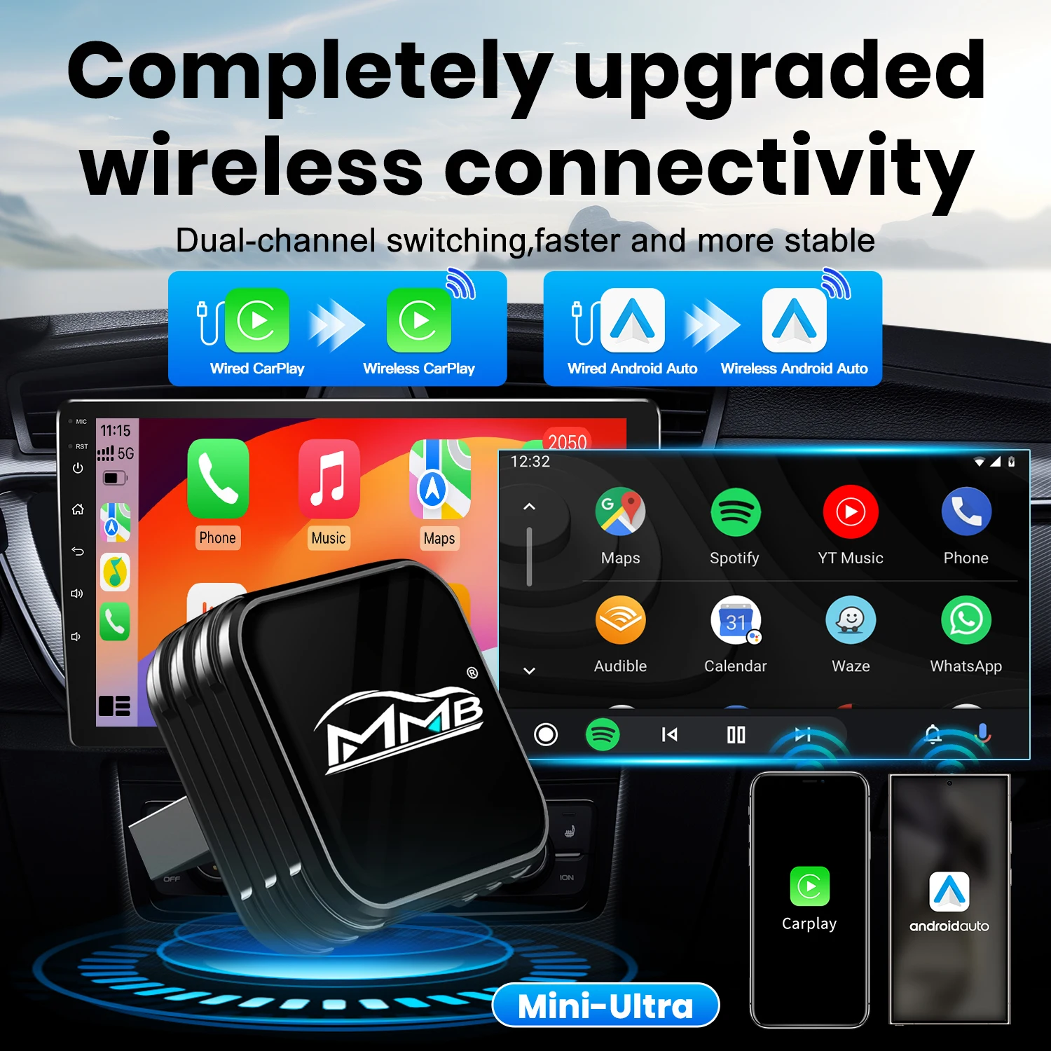 

Беспроводной адаптер MMB Mini Ultra CarPlay Android Auto 2-в-1 USB AI-донгл для автомобилей Chevrolet, Toyota, VW, Buick, Chery, MG