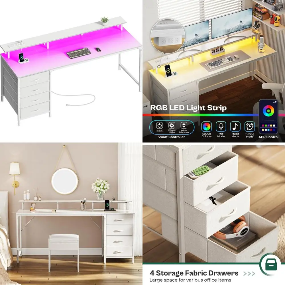 

63 Gaming and Office Desk with 4 Drawers, LED Lights, and Built-in Power Outlets