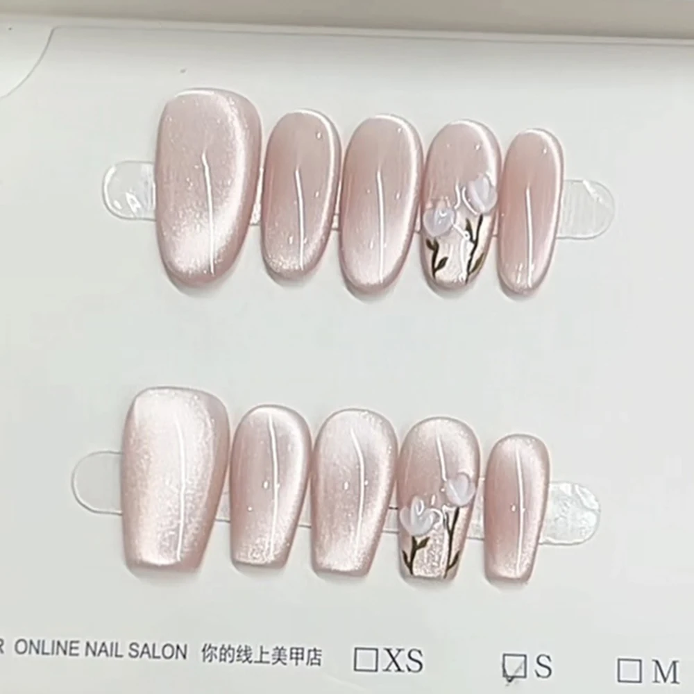 10 Buah Stiker Pesta Kuku Buatan Tangan Dapat Dipakai Mutiara Berlian Bunga Cantik Kuku Penutup Penuh Elips Peti Mati Panjang Perancis Lembut
