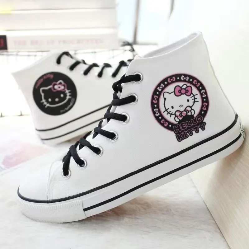 Hello Kitty White Printed High Top Unisex Sneakers Couple Small White Shoes Student Hand Painted Graffiti Canvas Shoes Zapatos