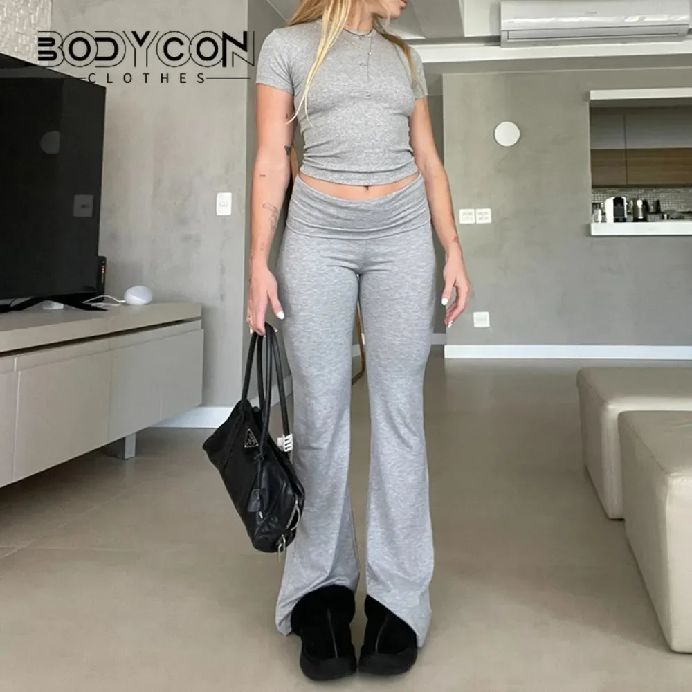 Women Casual Slim Fit 2 Piece Set Short Sleeve Crop Tops + Pants Elegant Matching Suit Vintage Y2K Rib Knitted T-shirt Outfits