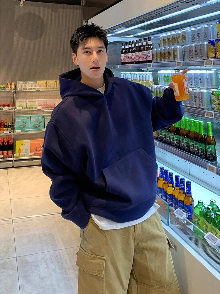 

Тяжелая мужская толстовка с капюшоном на осень-зиму в американском стиле, жесткое и жесткое многослойное пальто k, синяя толстовка, повседневная свободная посадка из хлопка