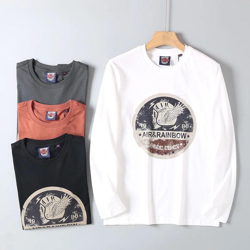 

Весенняя новая американская ретро футболка с длинными рукавами и круглым вырезом с буквенным принтом, мужская модная простая повседневная спортивная футболка из 100% хлопка