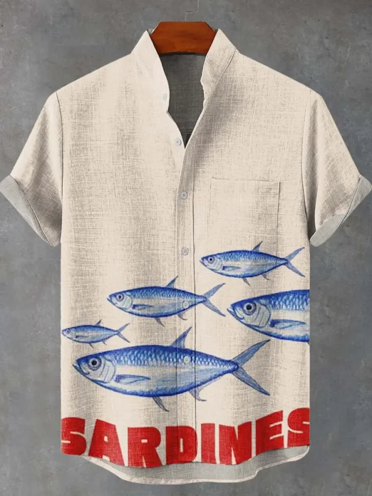 

Men's Summer Novelty Deep Sea Fish Totem Print High Quality Linen Short Sleeve Shirt Comfortable casual streetwear