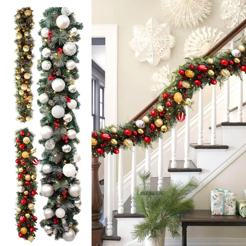 Pre-lit Christmas Garland 53-Inch Artificial Garland With 8 Changeable Lights Battery Operated Pinecones Red Berries Glitter