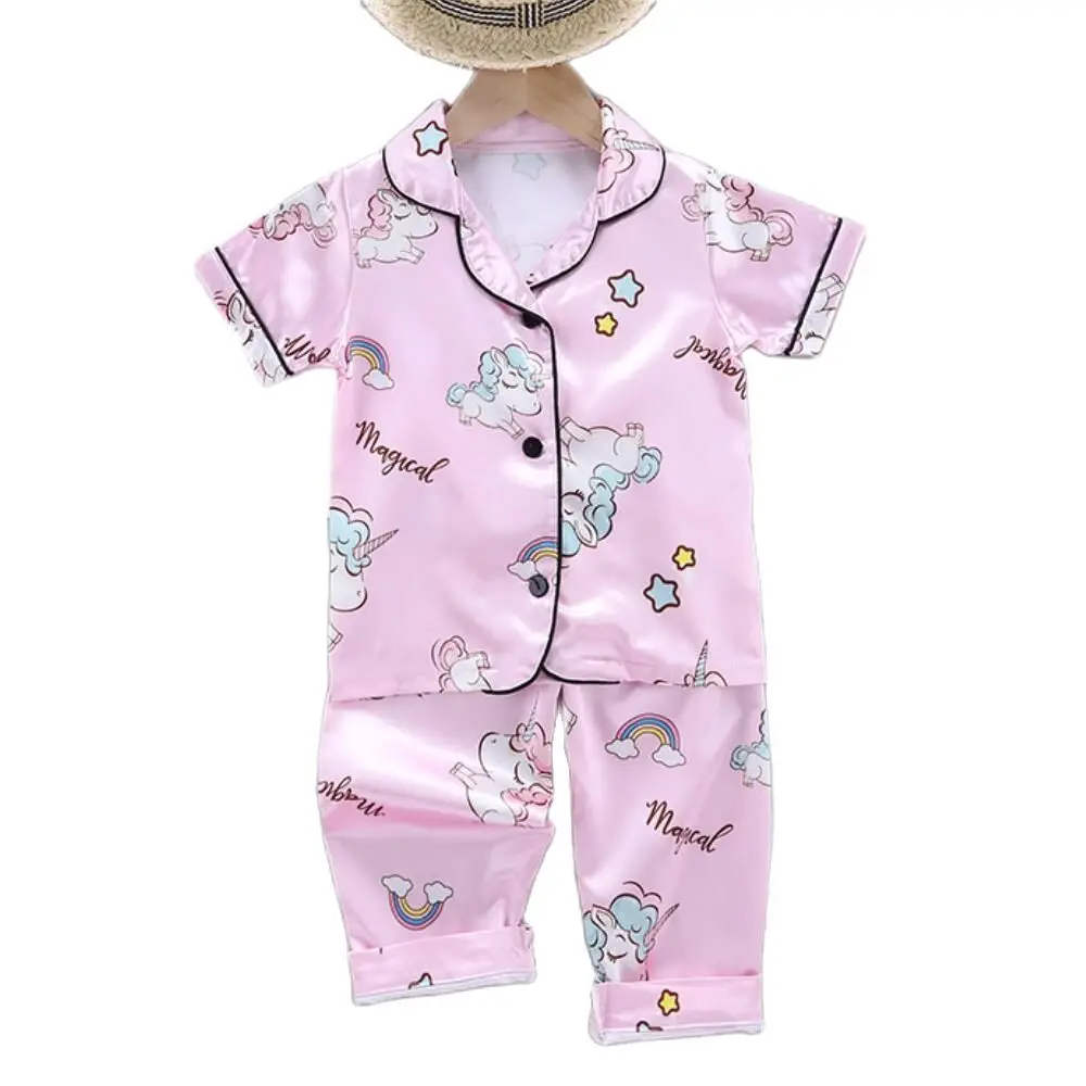 Girls Pajamas Pants Set Summer Air-Conditioned Clothing Toddler Boys Lce Silk Satin Cartoon Unicorn Nightgown 2pcs Outfit