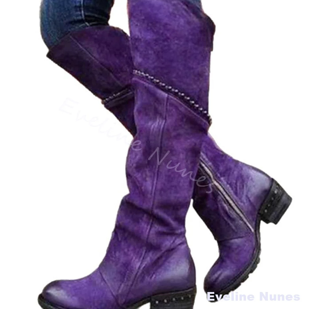 Vintage Western Cowgirl Knee High Boots Women Burgundy Distressed Suede Ruched Shaft Round Toe Chunky Heel Side Zipper Tall Boo