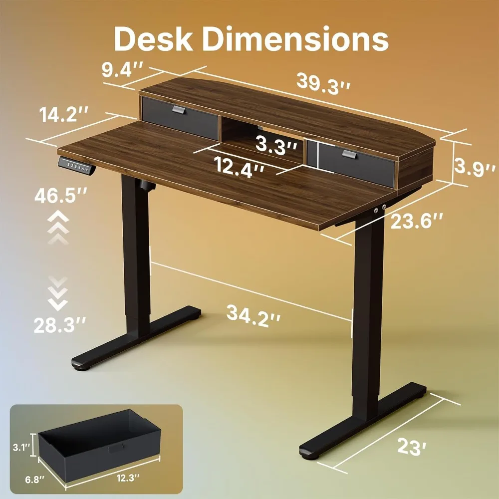 Electric Standing Desk 40x24 with 2 Drawers, Height Adjustable Home Office Desk, C-Clamp, Walnut