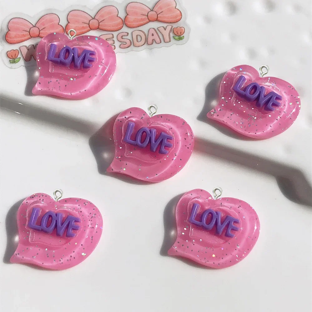 10Pcs New glitter love heart resin charms pendants for jewelry making bracelets necklace earrings accessories flatback cabochon