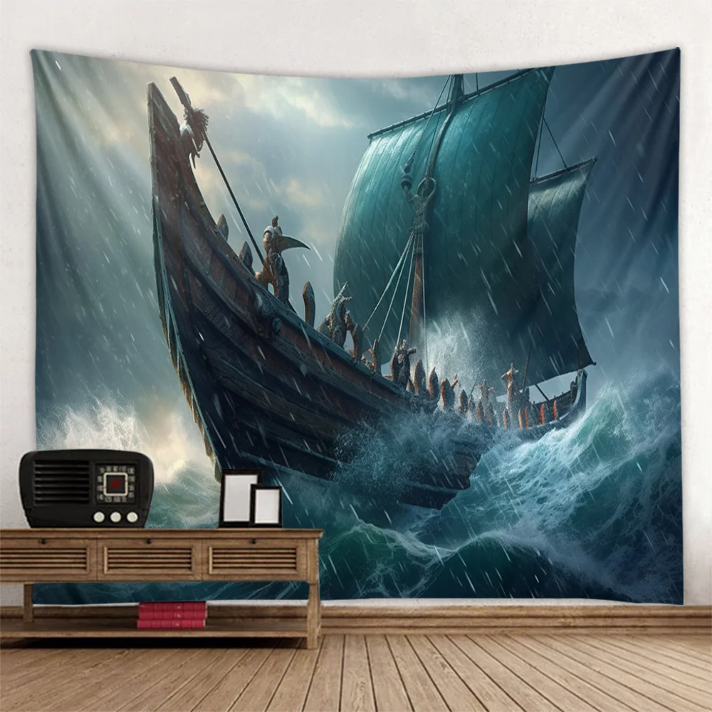 Viking Pirate Ship Sea-Themed Wall Tapestry Mysterious Ocean Background Decor for Living Room Studio Home Wall Hanging Fabric