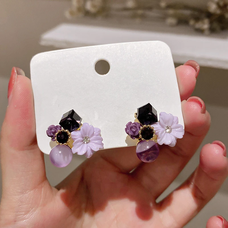 Elegant Purple Flower Stud Earrings for Women New Fashion Round Square Acrylic Crystal Earrings Korean Wedding Party Jewelry