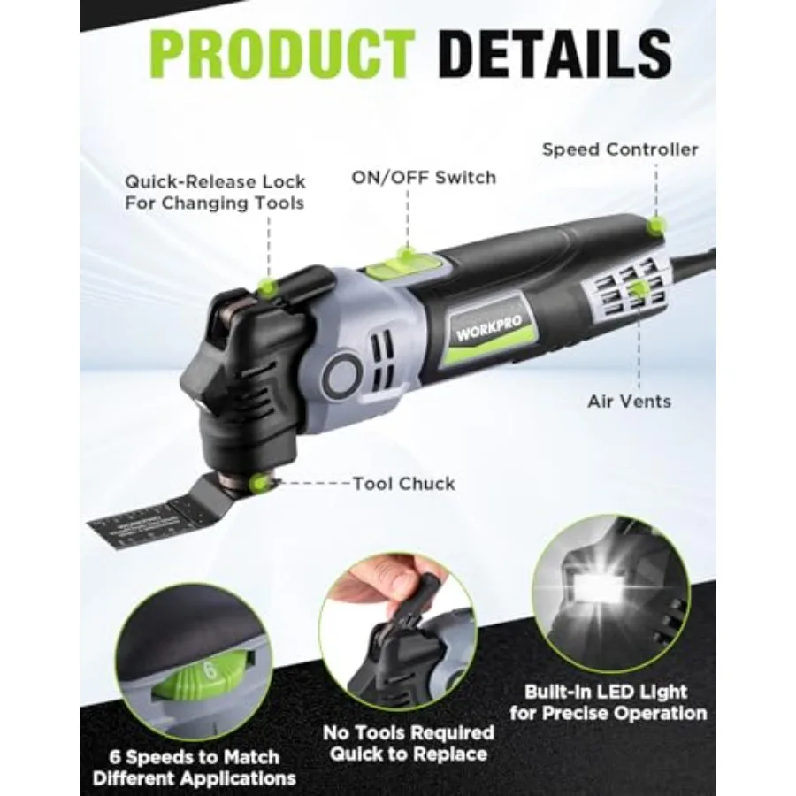 WORKPRO 400W Oscillating Multi-Tool, 6-Speed Corded Power Saw with LED Light, Quick Blade Change, 3.5° Oscillation Angle, 22 Ac
