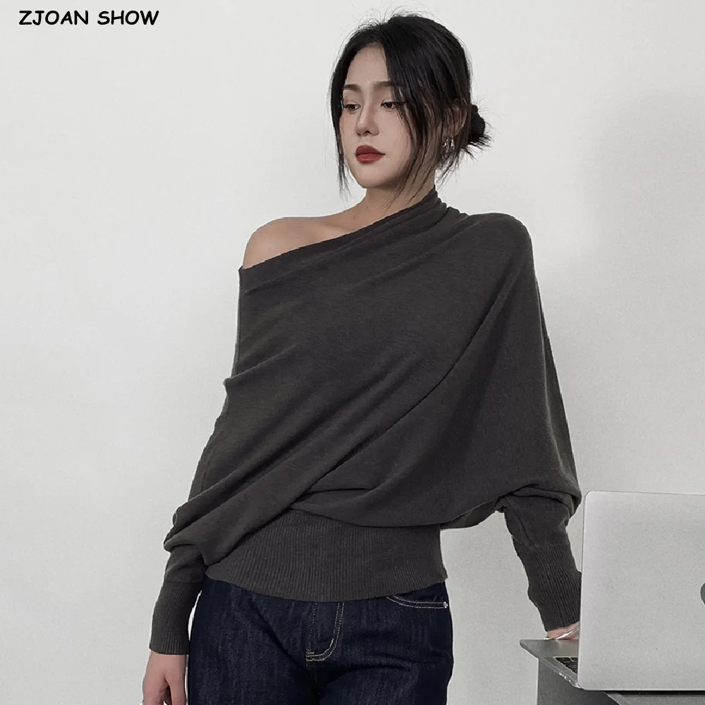 

4 Colors 2025 Autumn Sexy Women Knitted Diagonal One Shoulder Sweater Full Bat Sleeve Oversize Pullovers Knitwear Darkgray