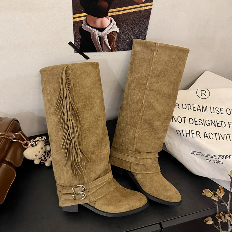 

Fringe Women High Boots High Heels Shoes Designer Warm Long Boots 2025 Winter New Chunky Shoes Suede Snow Boots Mujer Zapatos