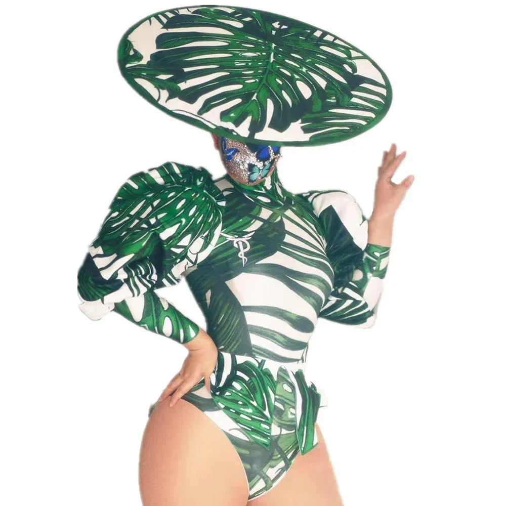 

Green Puff Sleeves Sexy Top And Shorts With Hat Three Pieces For Women Show Model Stage Perform Drag Queen Costumes