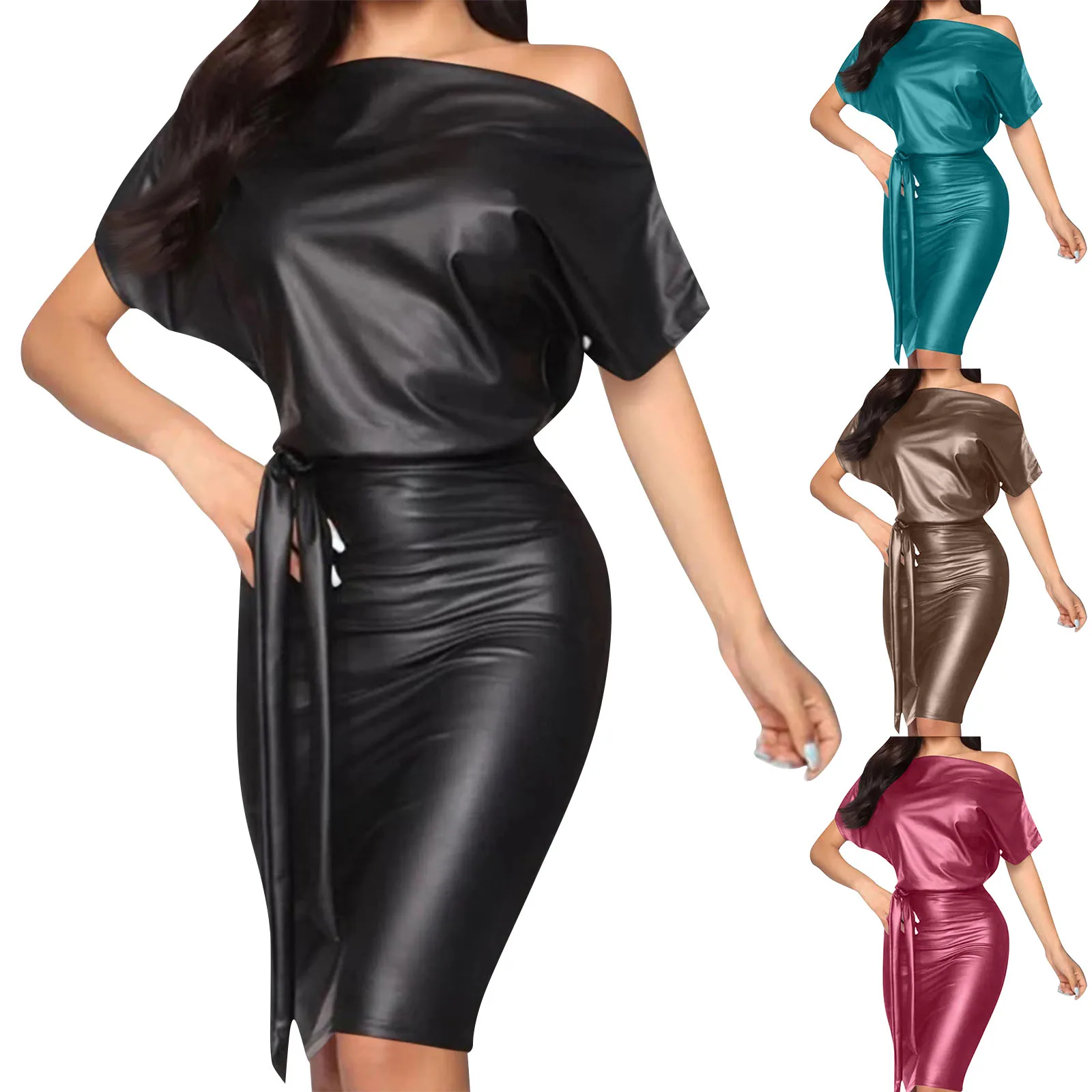 เดรสยาวปานกลางทรงเข้ารูป คอวี แขนสั้น สีพื้น ดีไซน์ทันสมัยสำหรับผู้หญิง เอวยืดหยุ่นผูกเชือก แต่งลูกไม้ ความยาวคลุมเข่า