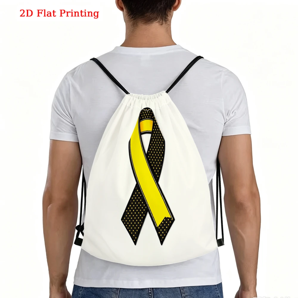 Yellow Ribbon With Black Dots Drawstring Backpack, Travel Shoe Bag, Fitness Sports Backpack, Travel Outdoor Drawstring Bag