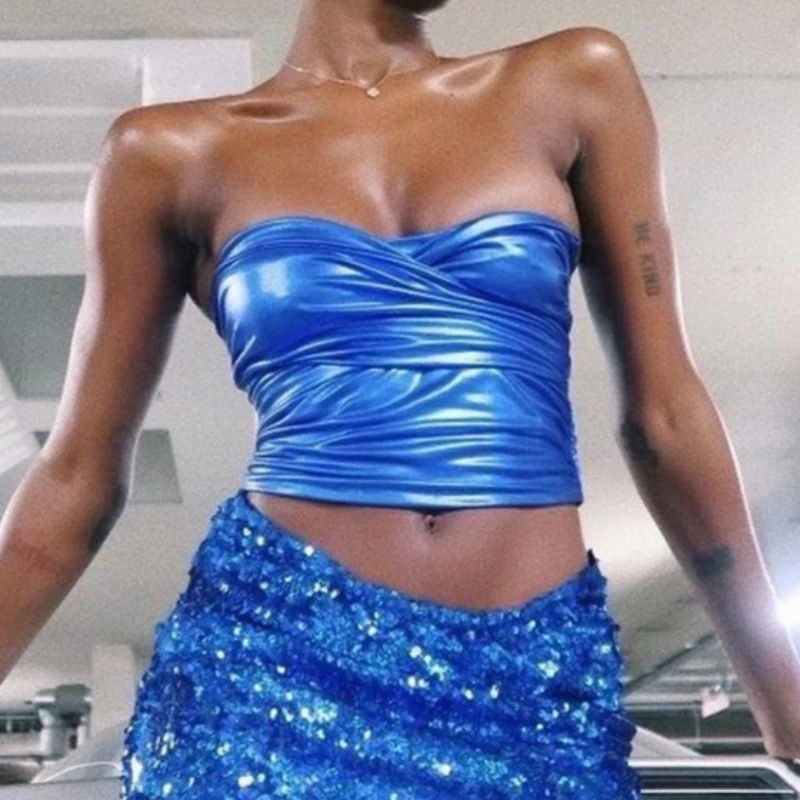 Sexy Cross Bandage Bright Colour Imitation Leather Tank Top Women Off Shoulder Backless Bare Midriff Halter Crop Tube Top Vest