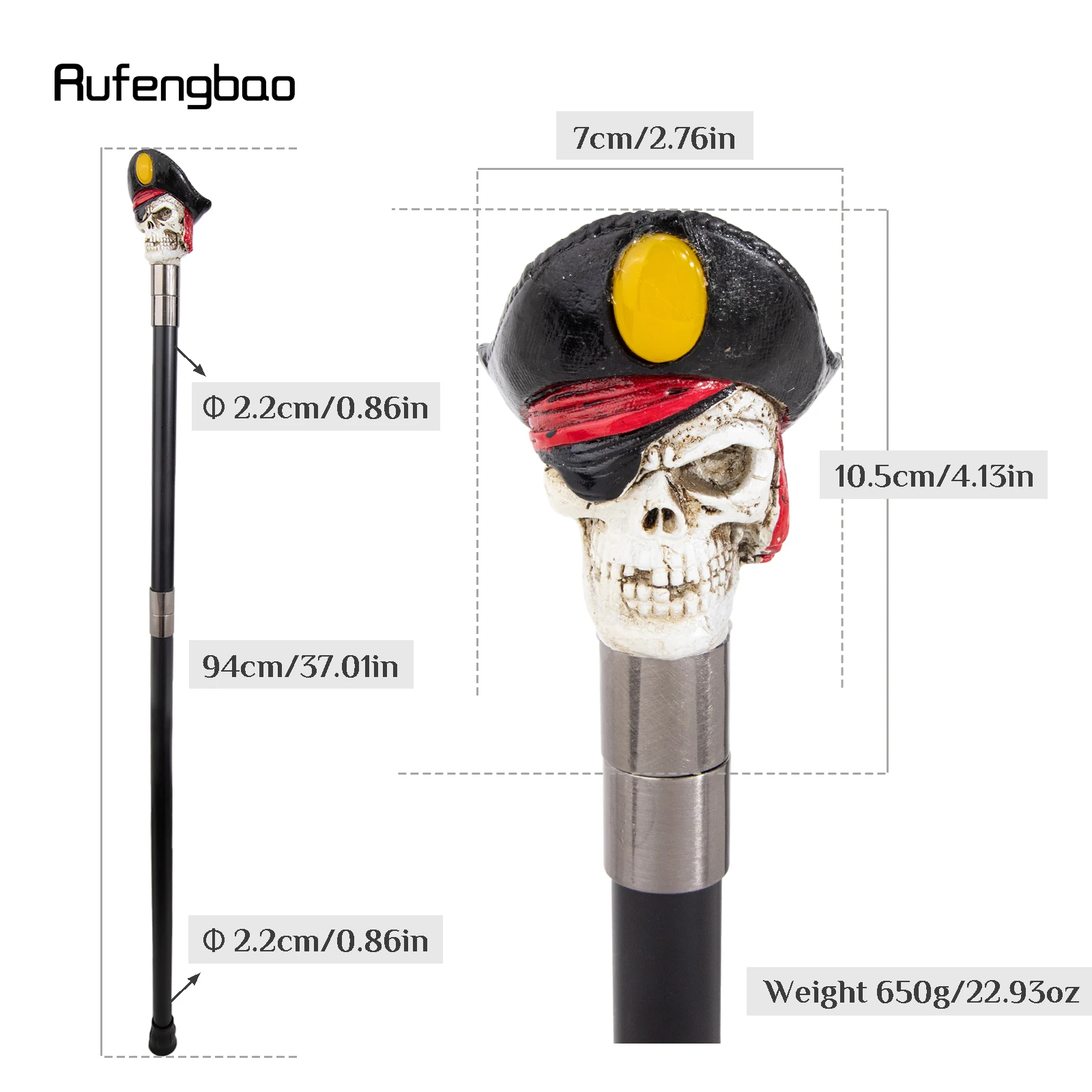 Black Yellow Hat Pirate Skull Head Cane Fashion Cane Decorative Cane Halloween  Cosplay Parties 93cm
