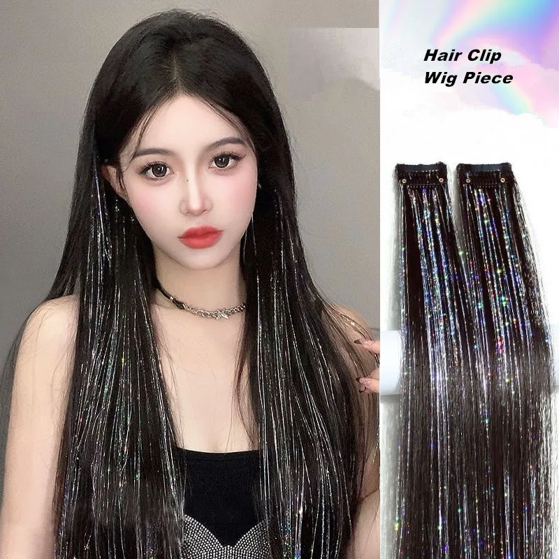 Laser Shining Straight Synthetic Hair Wig Pieces Seamless Extensions for Stage Music Festival Nightclub Headwear Clips Wigs