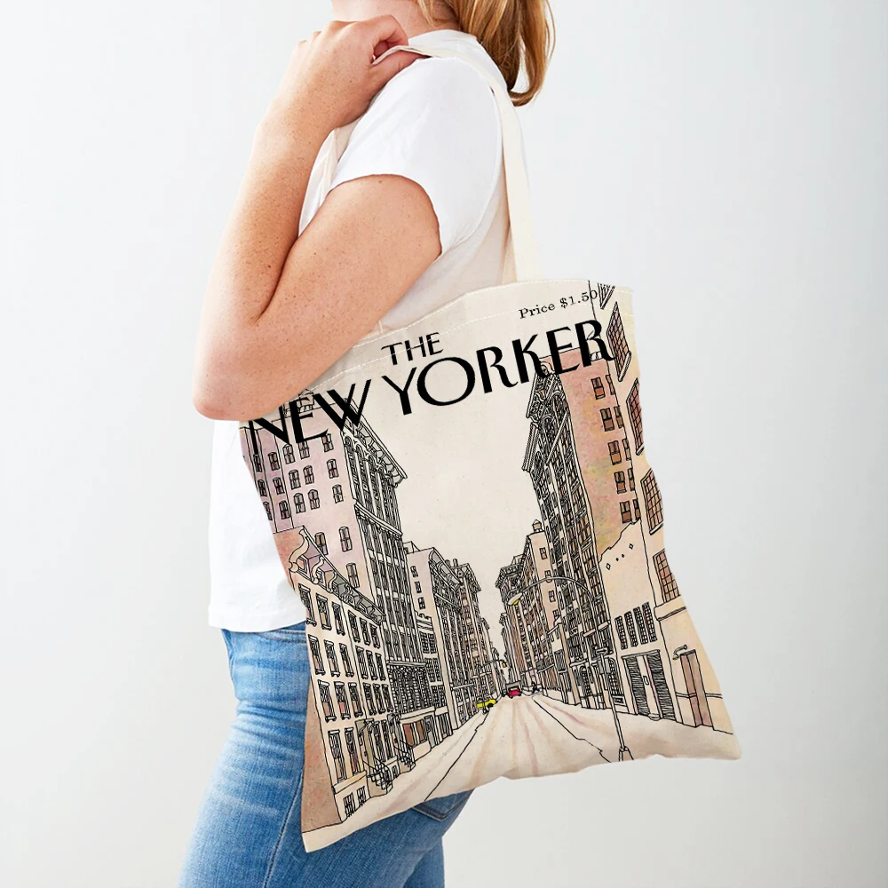 Double Print New Yorker Women Shopper Bags Supermarket Tote Lady Handbag Both Sides Reusable Foldable Casual Canvas Shopping Bag