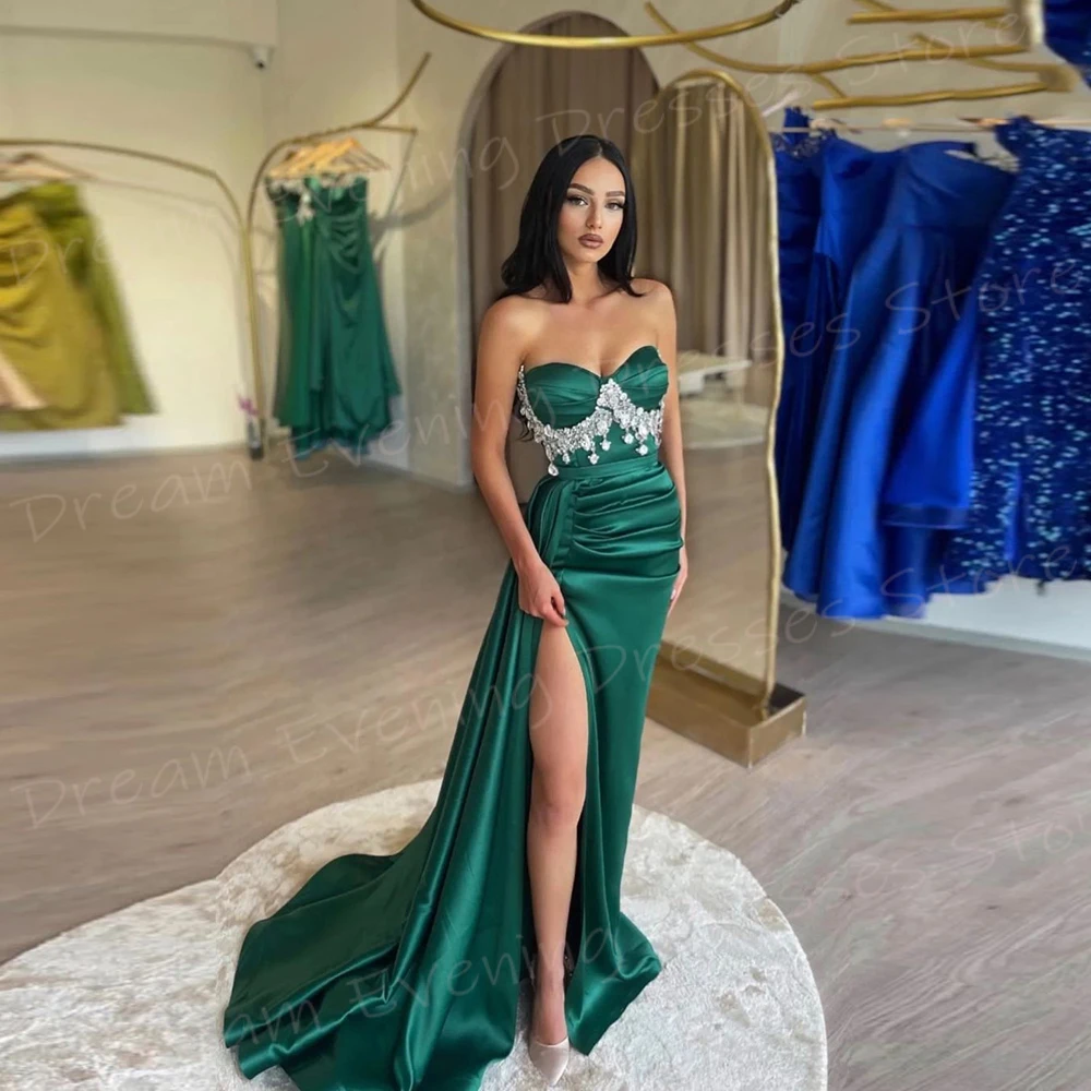 Vestidos de noite clássicos da sereia verde feminino, elegante sem alças, vestidos de baile frisados sem mangas, alta divisão