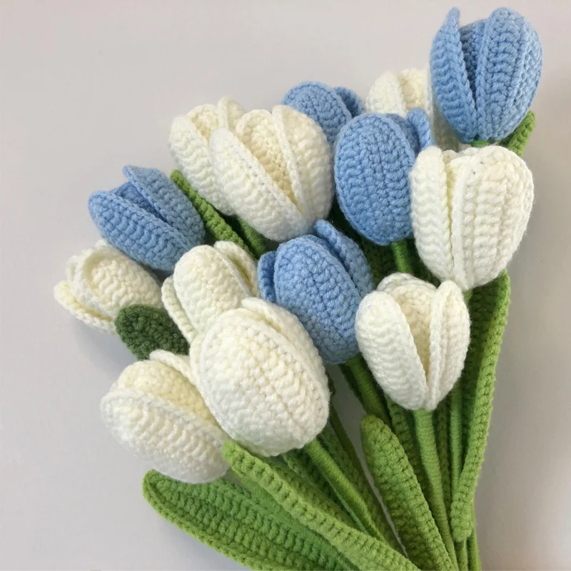 40cm Handmade Knitting Tulips Artificial Flowers Bouquet Crochet Fake Flower Plants Wedding Party Home Desktop Vase Decor Gifts