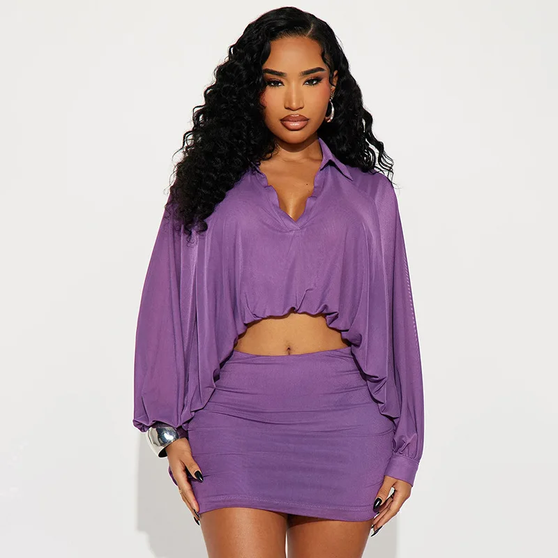 ชุดเซ็ต 2 ชิ้น เสื้อครอปแขนยาวทรงบับเบิ้ล คอปกพับได้ ผ้าตาข่ายซีทรู + กระโปรงทรงบอดี้คอนสั้น