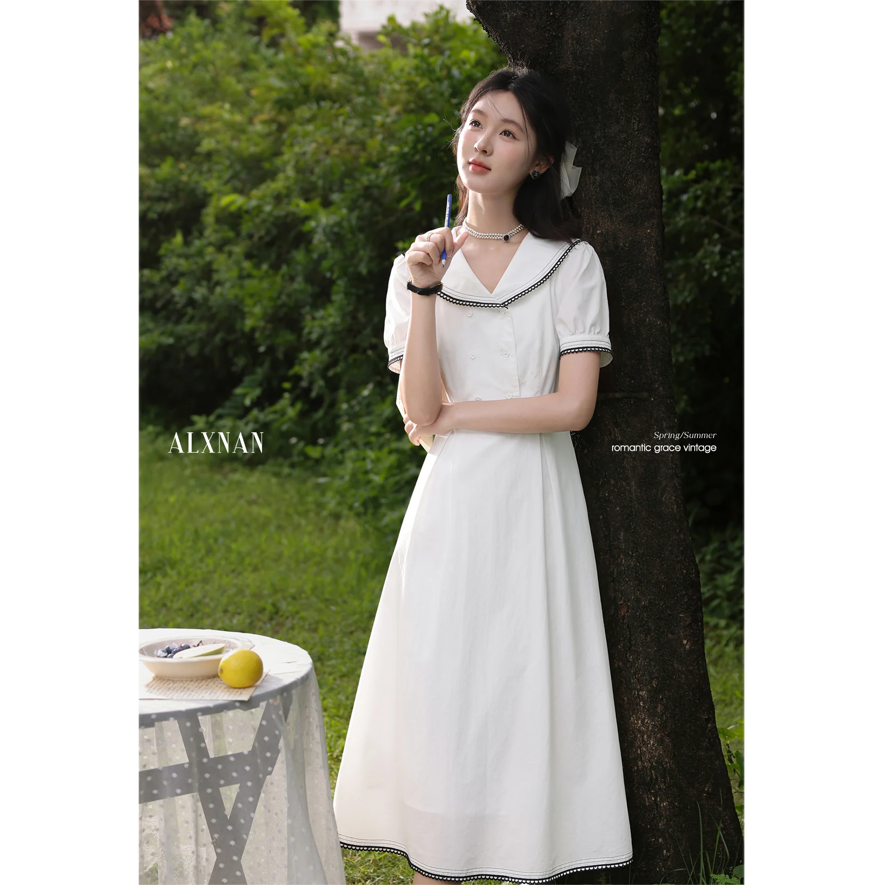 

ALXNAN Women's White Long Dress Navy Neck Elegant Casual Office Lady Midi Dress 2025 Summer Lycelle Short Sleeve Clothing L56122