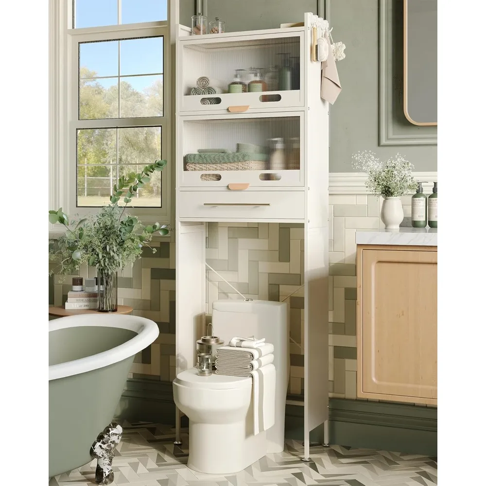 

The Toilet Storage Cabinet with Flip Door, 3-Tier Bathroom Shelf Over Toilet with Drawers, Bathroom Space Saver Organizer Rack