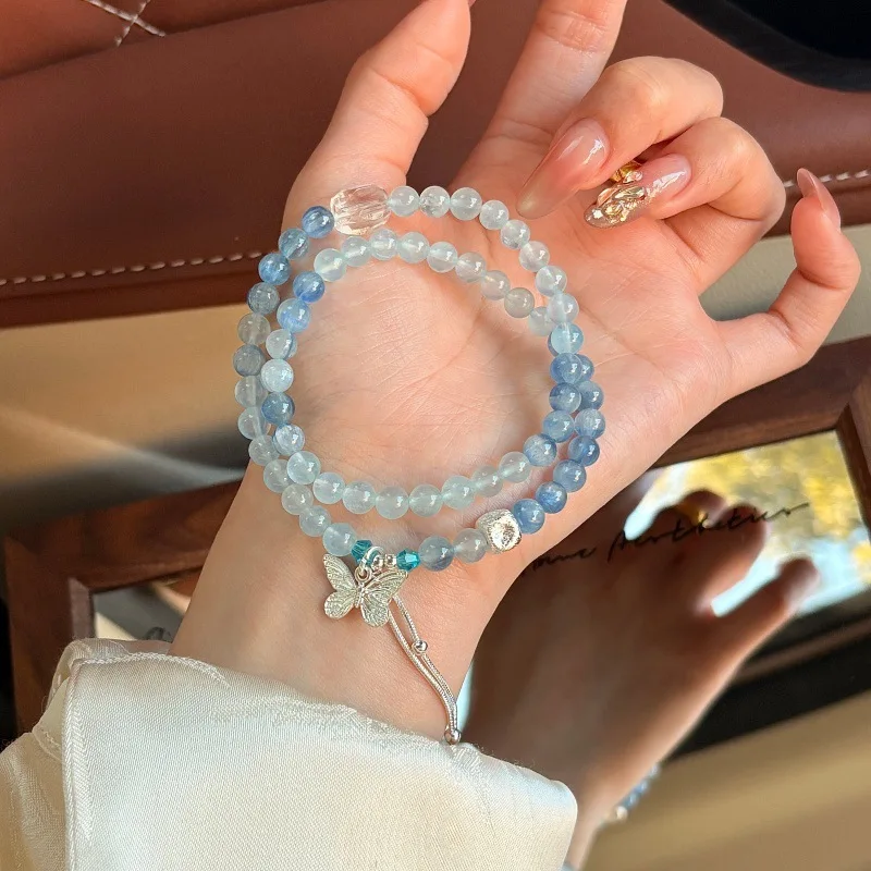 

2026 Natural Blue Kyanite Aquamarine Crystal Double Layer Bracelet for Women Blue Butterfly Elegant Blue Series Fashion Jewelry
