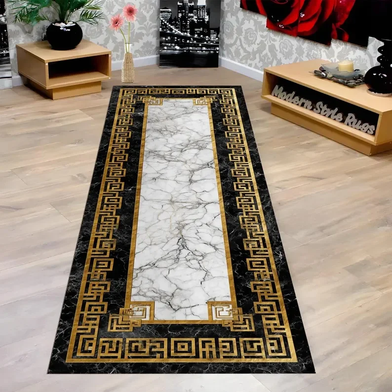 Border Runner Rug Black Gold Colored Marble Patterned Door Mat Entrance Hallway Bedside Sofa Carpet Home Decoration