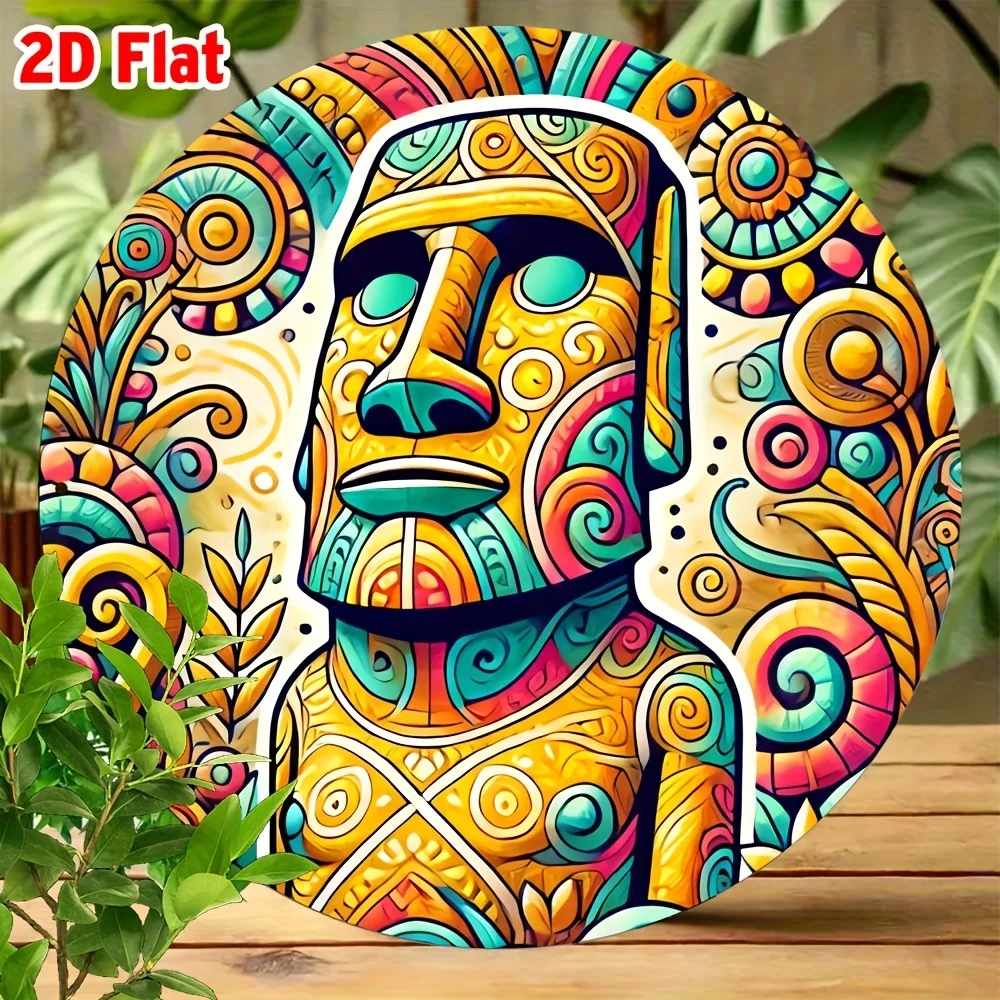 2D Flat, 1pc Easter Island Moai Statues Wall Decor - Vintage Polynesian Tribal Art in Vibrant Red, Orange, Green, Blue, Yellow,